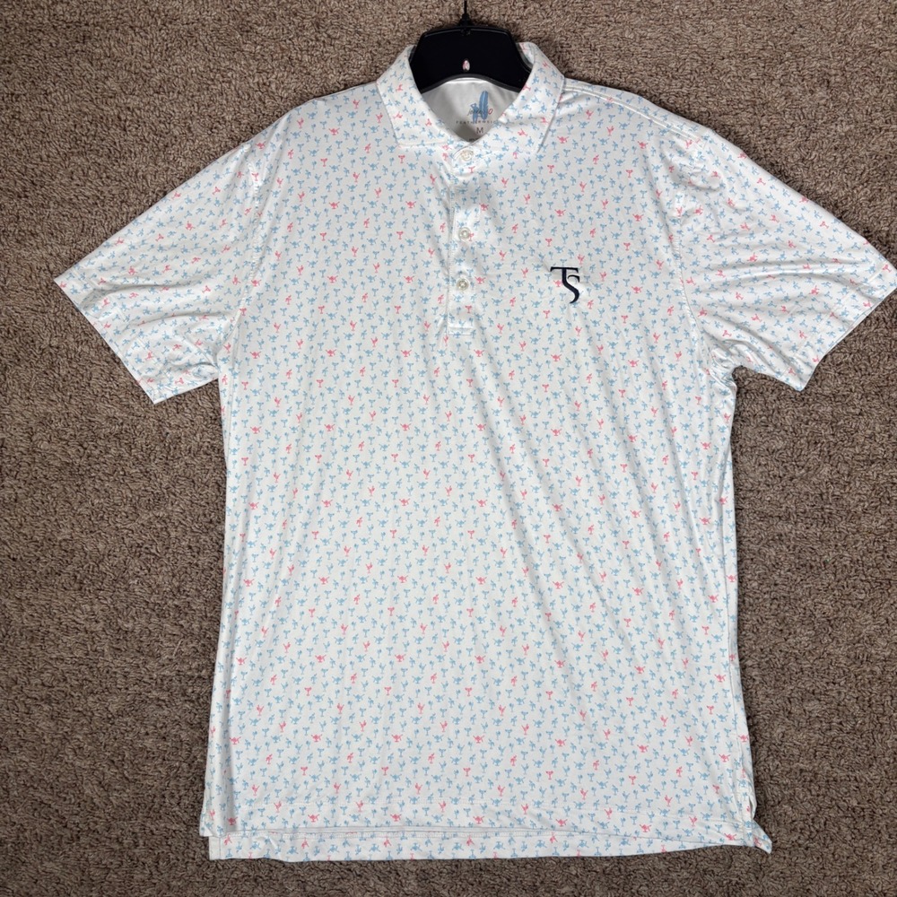 Johnnie-O Mens Featherweight Martini Print Golf Polo Shirt White Blue Pink M - Picture 2 of 8